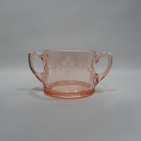 Pink Depression Double Handled Open Sugar Bowl Etched Floral Decor 30s Vintage - Picture 3 of 10